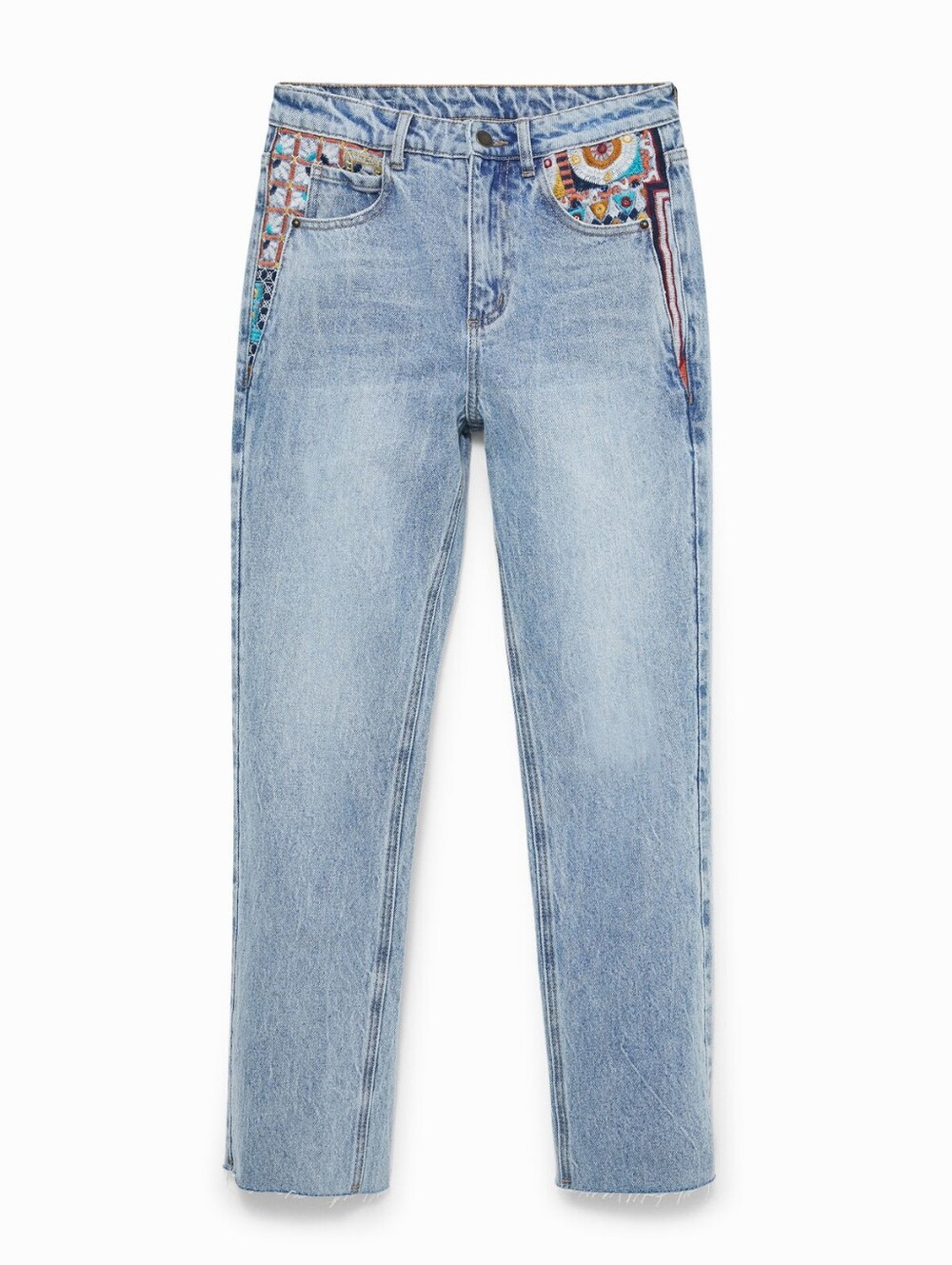Desigual Light Blue High-Rise Jeans with Multicolor Embroidered Pockets